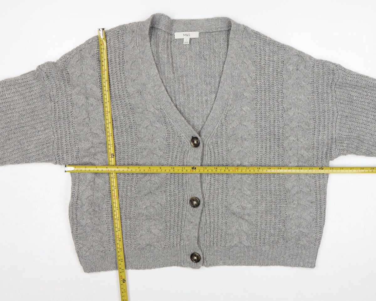 Marks & Spencer Women Grey L Cable Knit V-Neck Button Cardigan