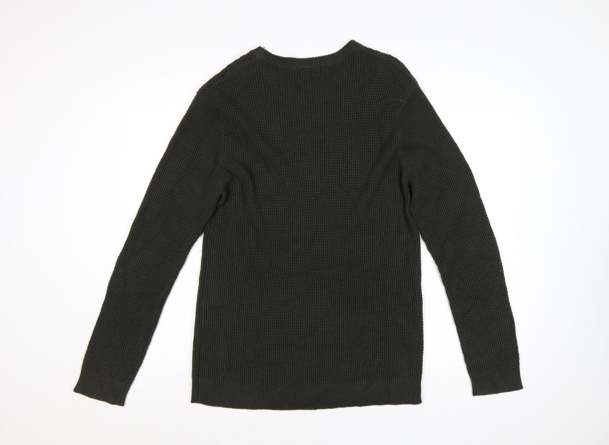 H&M Men’s Green M Waffle Knit Crew Neck Pullover Jumper