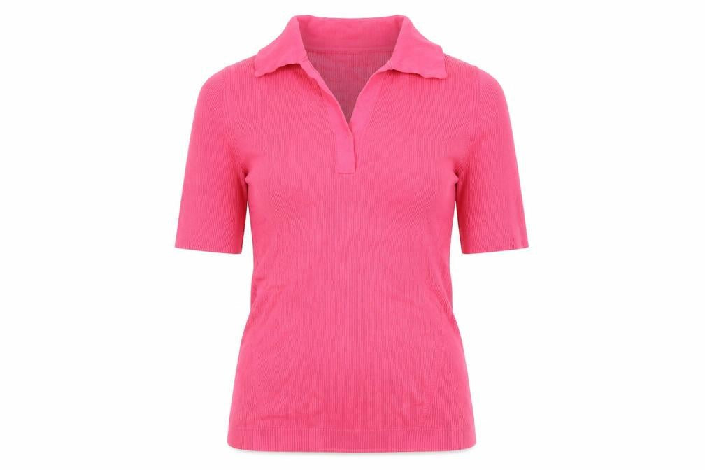 Marks and Spencer Women Pink M Ribbed Knit Short Sleeve Polo Top
