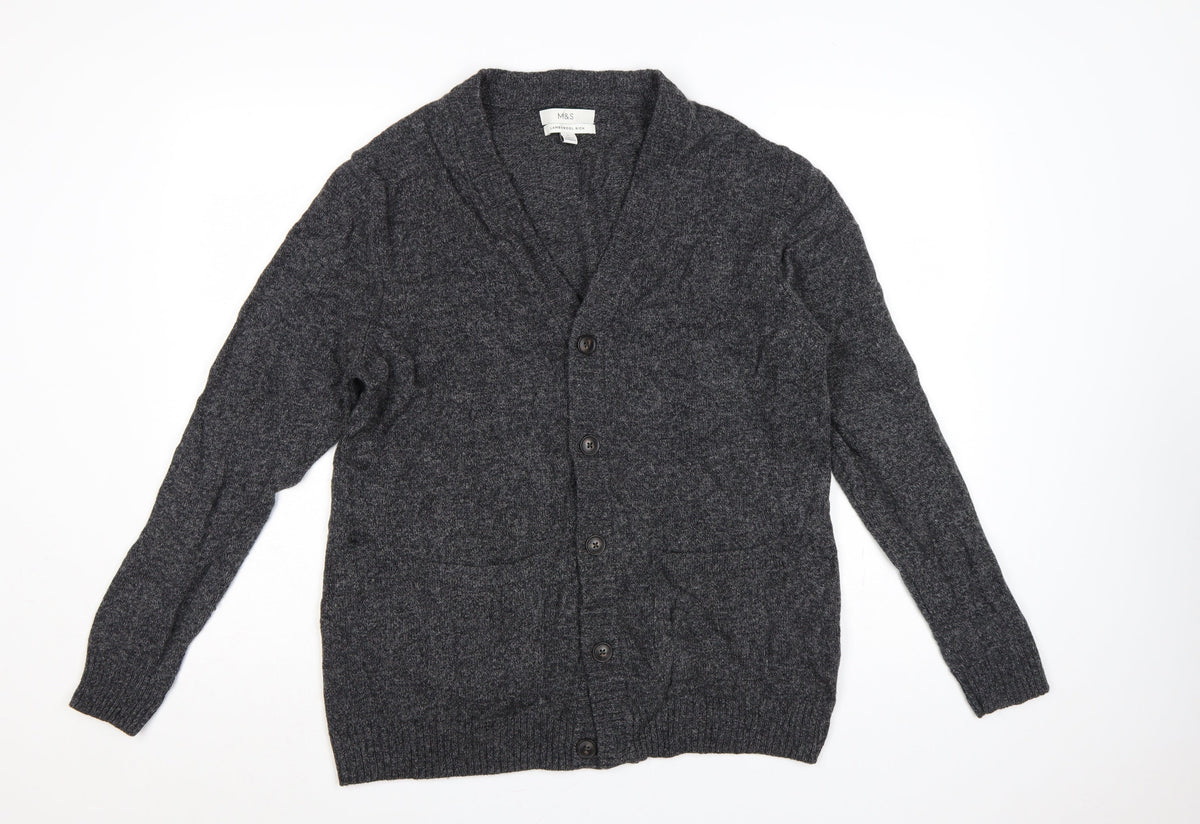 Marks and Spencer Men Grey Large Lambswool Rich Button Cardigan