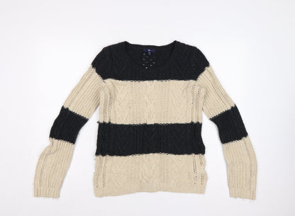 Gap Women’s Black Beige M Cable Knit Striped Crew Neck Jumper