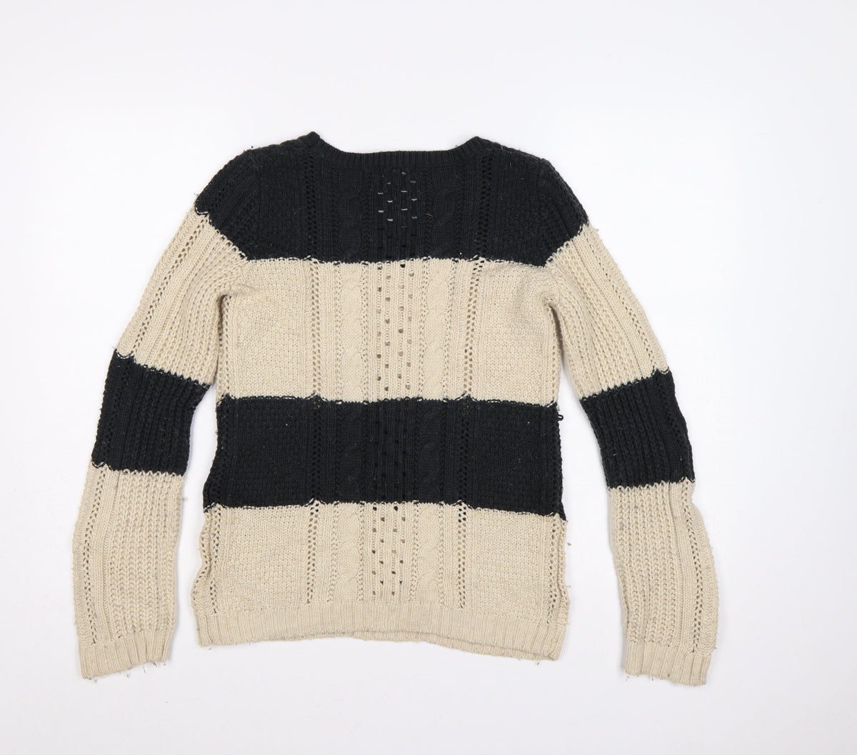 Gap Women’s Black Beige M Cable Knit Striped Crew Neck Jumper