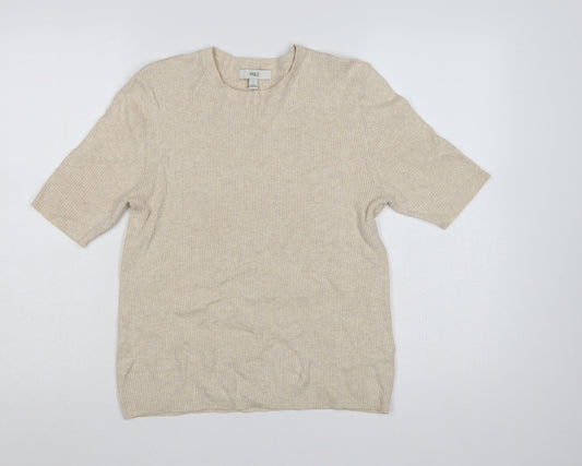Marks & Spencer Women Beige L Ribbed Knit Puff Sleeve Top