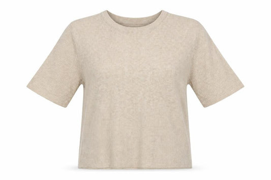 Marks & Spencer Women Beige L Ribbed Knit Puff Sleeve Top