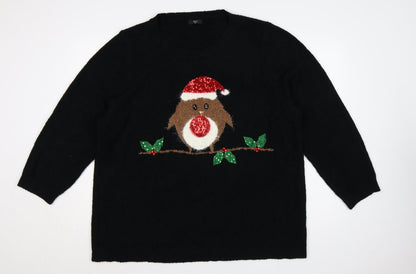 M&Co Women’s Black Size 28 Christmas Robin Sequin Knit Jumper