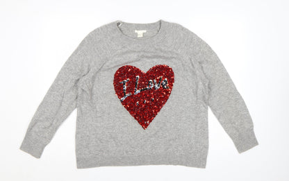 H&M Women Grey UK 16 Sequin Love Heart Crew Neck Knit Jumper