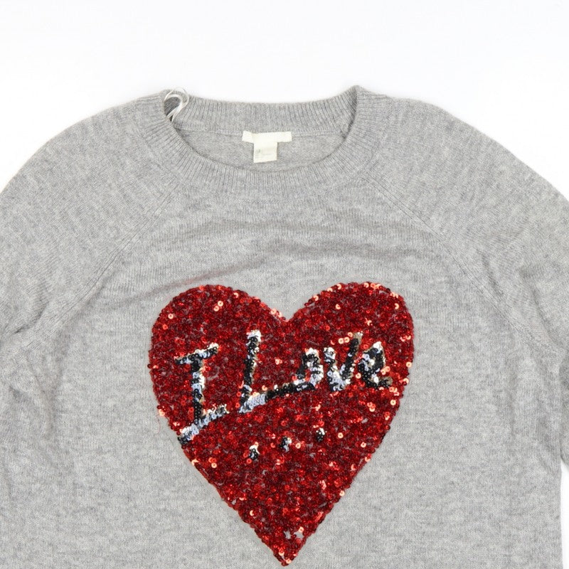H&M Women Grey UK 16 Sequin Love Heart Crew Neck Knit Jumper