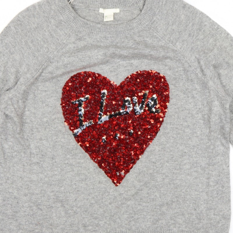 H&M Women Grey UK 16 Sequin Love Heart Crew Neck Knit Jumper