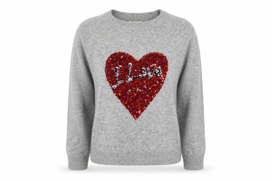 H&M Women Grey UK 16 Sequin Love Heart Crew Neck Knit Jumper