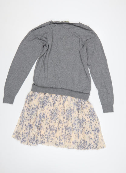 Next Women Grey Floral Pleated Jumper Dress UK 16 Long Sleeve