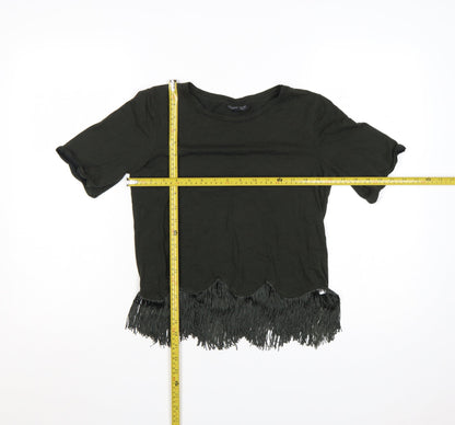 Topshop Women Black UK 8 Fringe Hem Short Sleeve Jersey T-Shirt