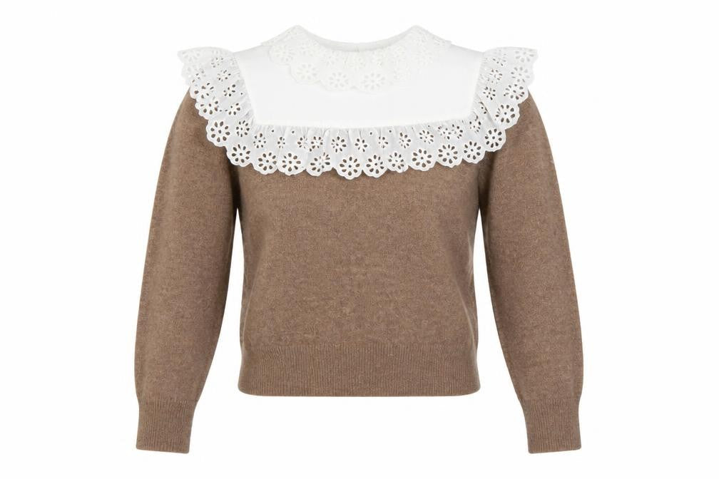 Zara Women Brown UK 12 Camel Blend Knit Jumper Lace Ruffle Collar