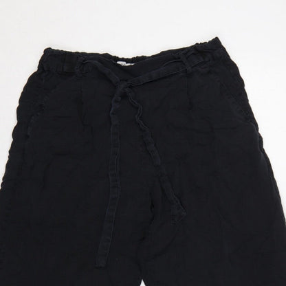 Pull&Bear Women Black S Cropped Wide-Leg Paperbag Tie Trousers