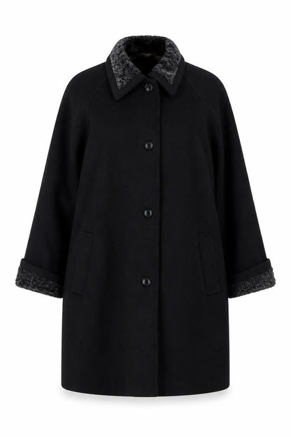 Front view of Gallery Women, size 16, Black Wool Blend Faux Fur Trim Long Overcoat Size Unlabelled