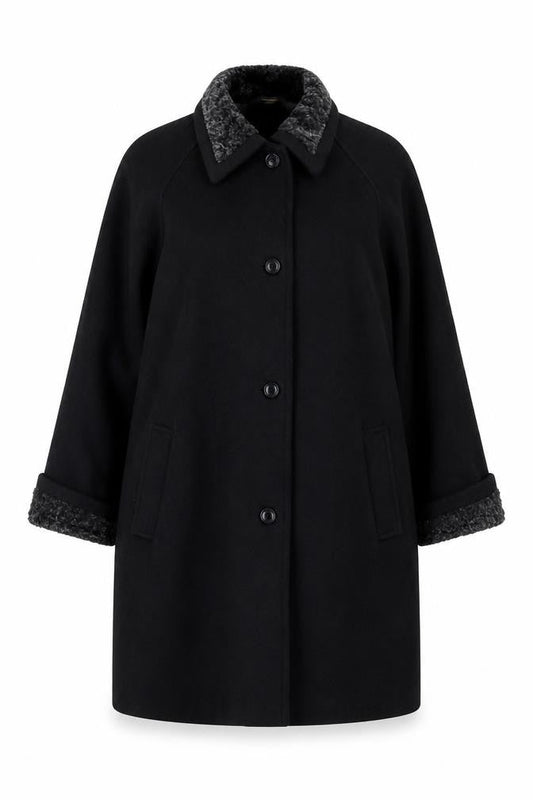 Front view of Gallery Women, size 16, Black Wool Blend Faux Fur Trim Long Overcoat Size Unlabelled