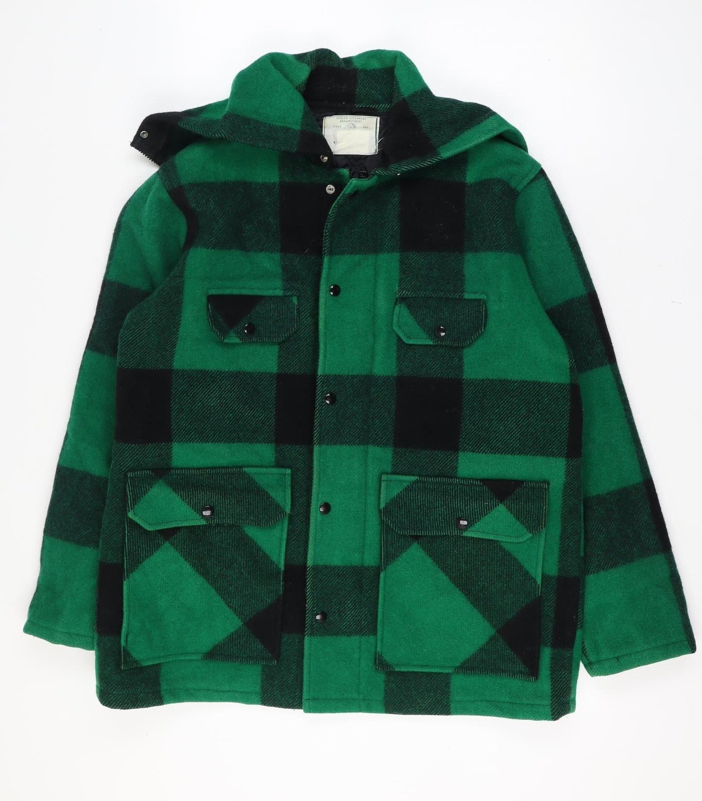 Johnson Woolen Mills Mens Chest 46 Green Black Check Wool Hooded Jacket