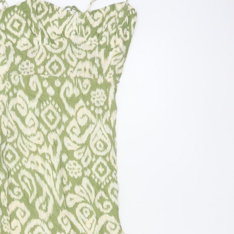 Zara Women Green S Maxi Slip Dress Geometric Print Side Slit