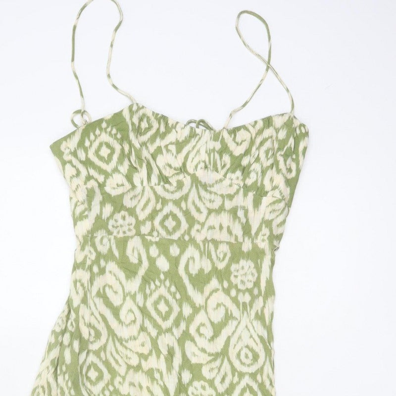 Zara Women Green S Maxi Slip Dress Geometric Print Side Slit