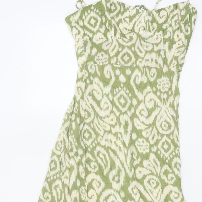 Zara Women Green S Maxi Slip Dress Geometric Print Side Slit
