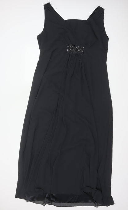 Jacques Vert Women Black UK 20 Maxi A-Line Beaded V-Neck Occasion Dress