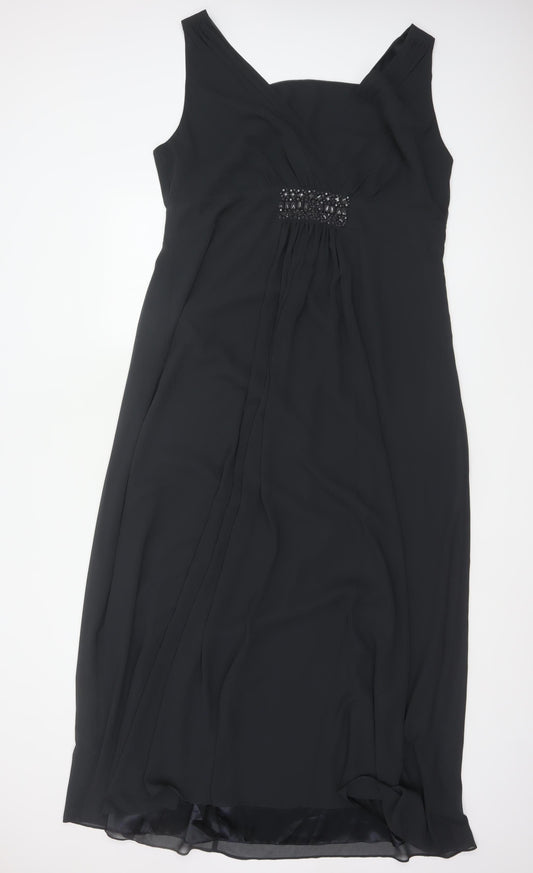 Jacques Vert Women Black UK 20 Maxi A-Line Beaded V-Neck Occasion Dress