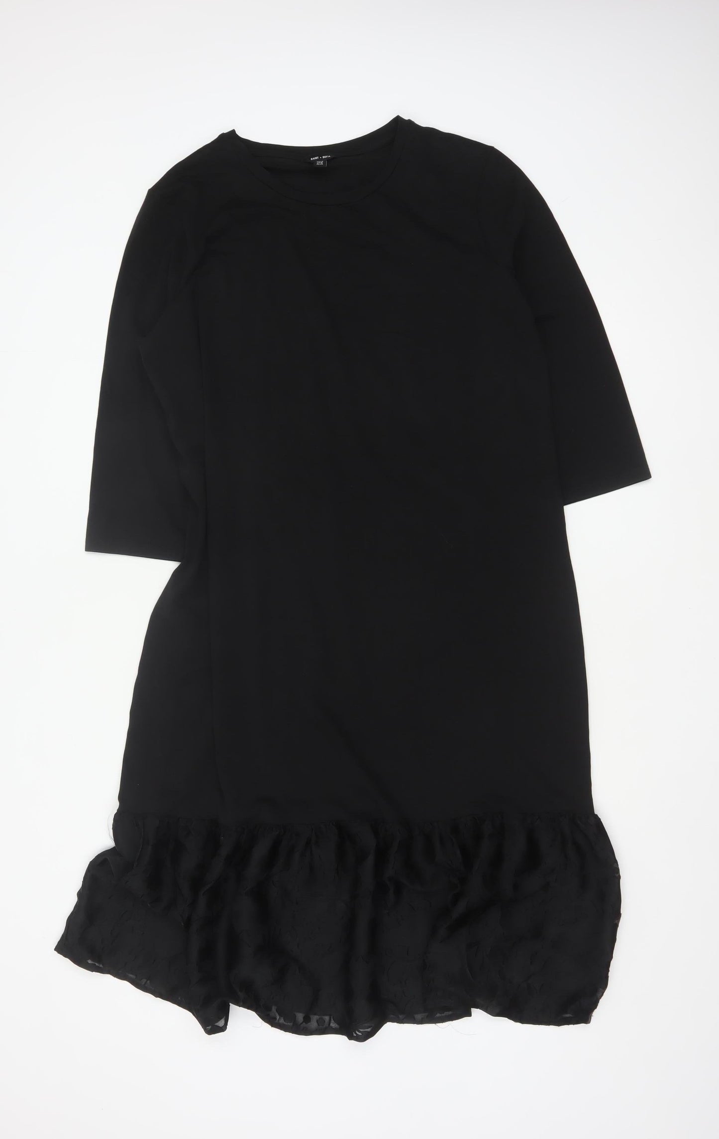 Saint + Sofia Women Black UK 18 Shift Dress Ruffle Hem 3/4 Sleeve