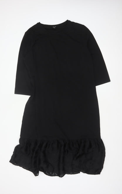 Saint + Sofia Women Black UK 18 Shift Dress Ruffle Hem 3/4 Sleeve
