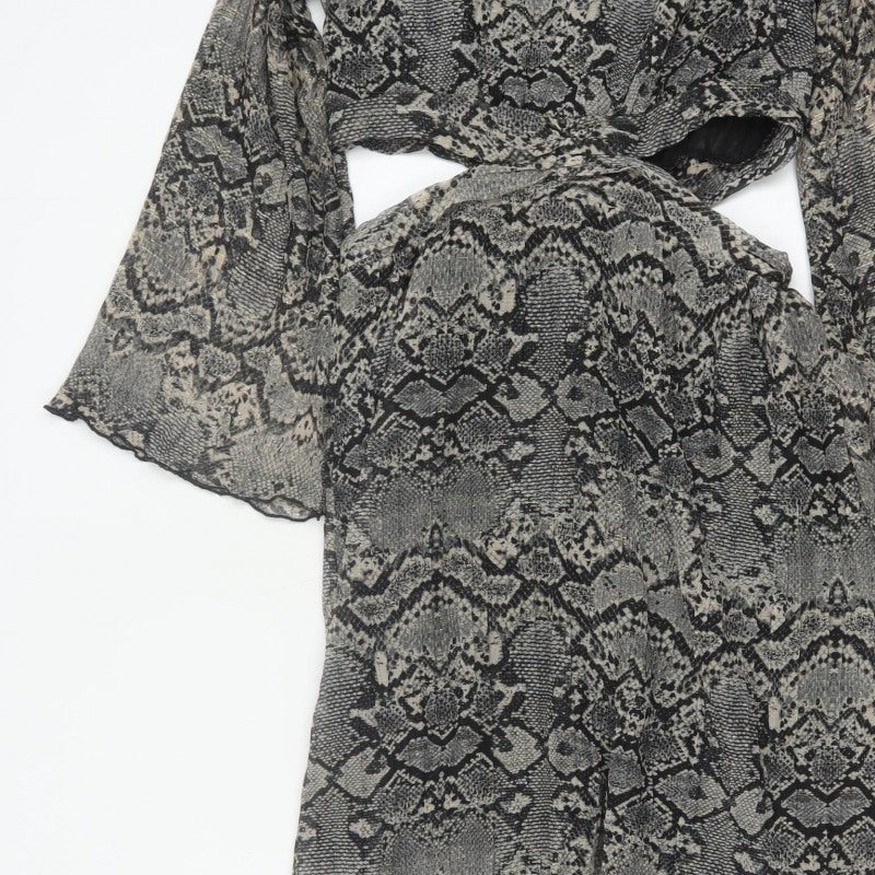 Zara Women Grey Snake Print Cut Out Maxi Dress XS Bell Sleeve