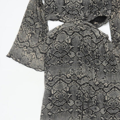 Zara Women Grey Snake Print Cut Out Maxi Dress XS Bell Sleeve