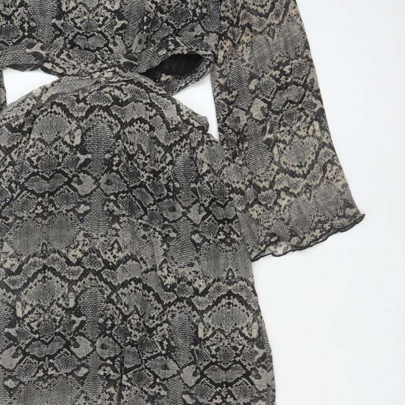 Zara Women Grey Snake Print Cut Out Maxi Dress XS Bell Sleeve