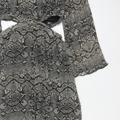 Zara Women Grey Snake Print Cut Out Maxi Dress XS Bell Sleeve