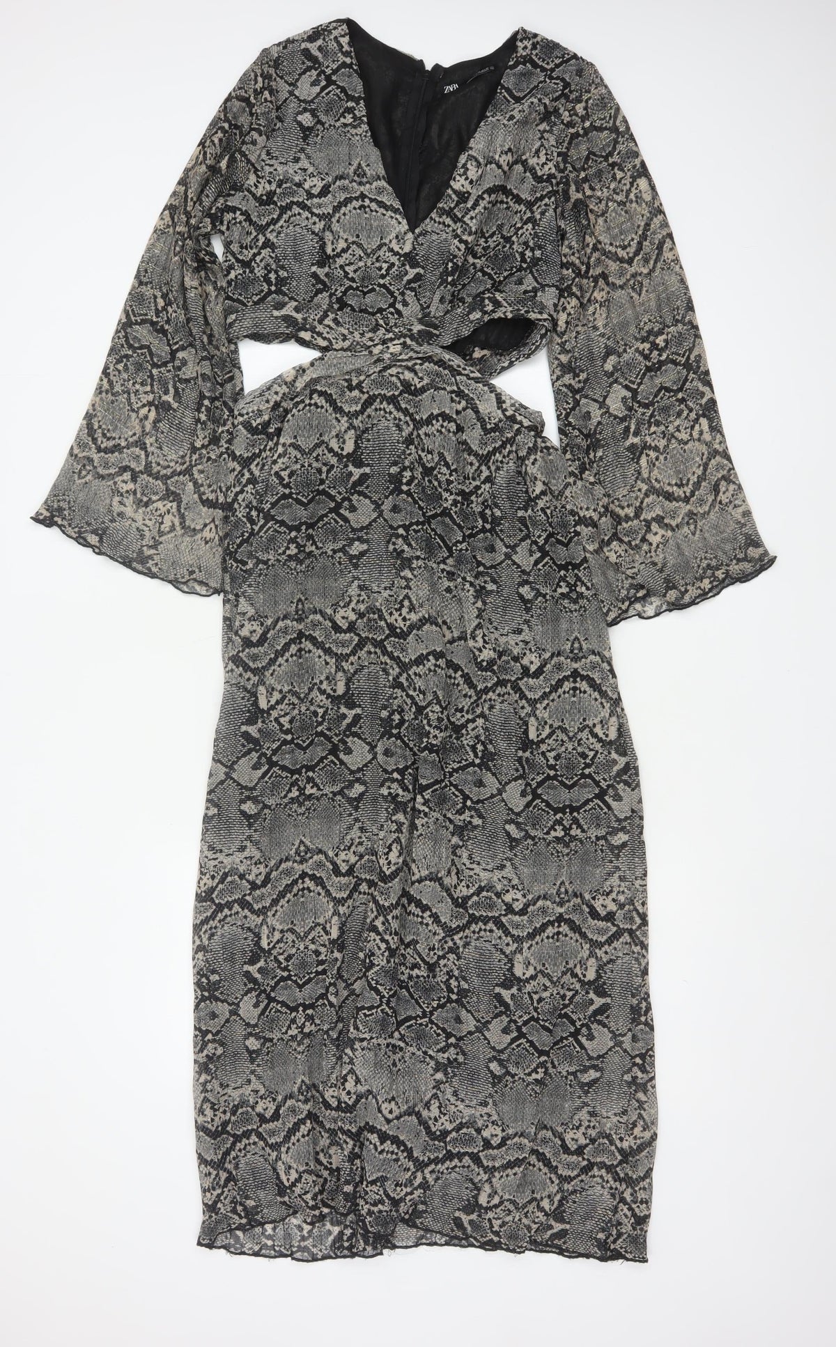 Zara Women Grey Snake Print Cut Out Maxi Dress XS Bell Sleeve