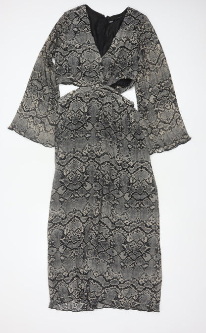 Zara Women Grey Snake Print Cut Out Maxi Dress XS Bell Sleeve