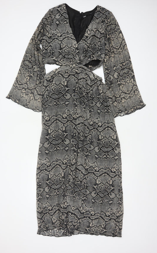 Zara Women Grey Snake Print Cut Out Maxi Dress XS Bell Sleeve