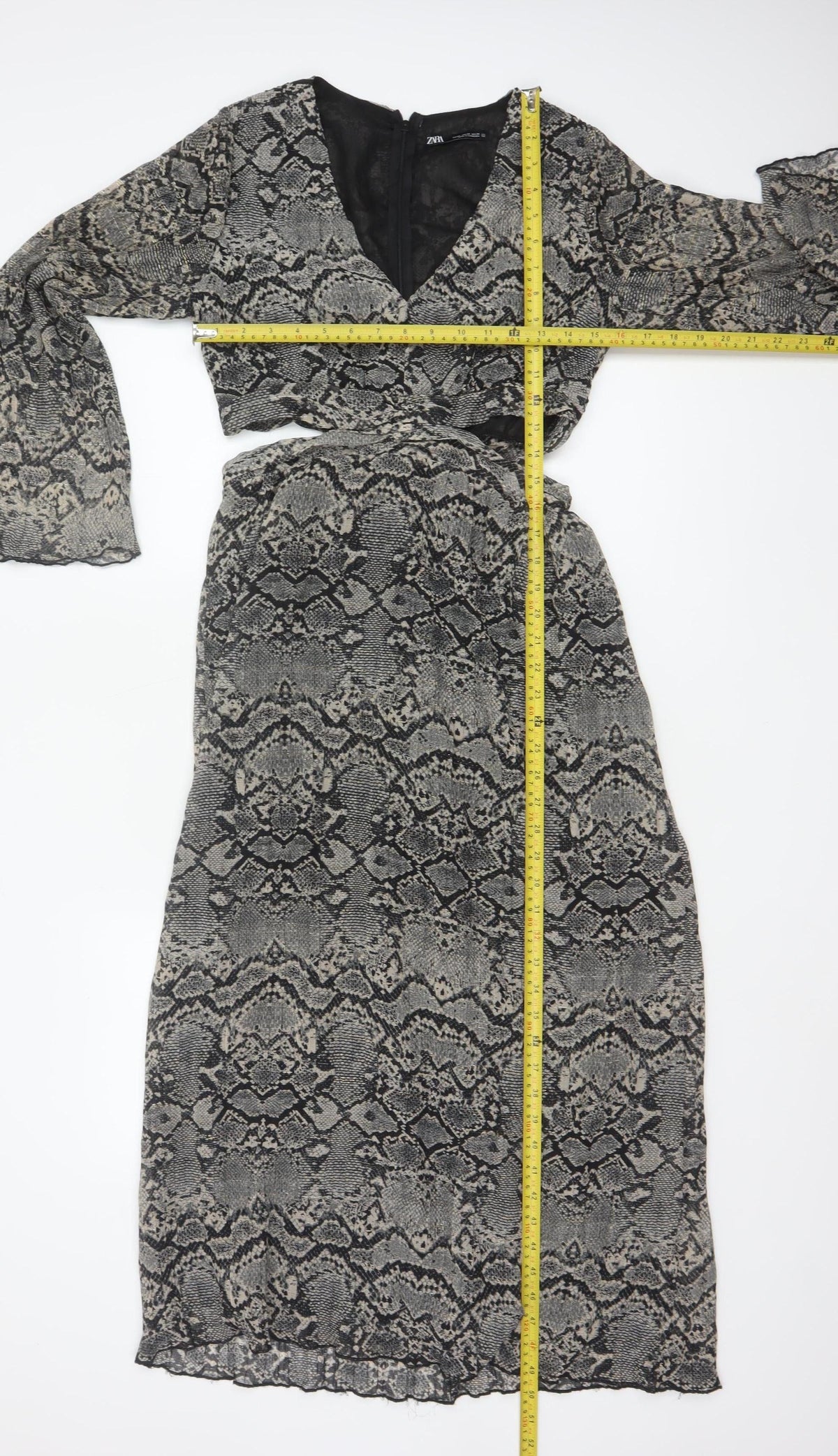 Zara Women Grey Snake Print Cut Out Maxi Dress XS Bell Sleeve