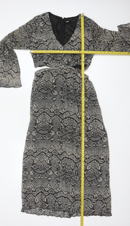 Zara Women Grey Snake Print Cut Out Maxi Dress XS Bell Sleeve