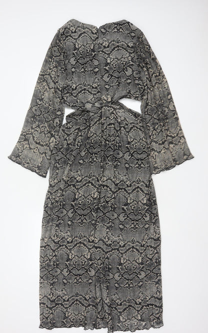 Zara Women Grey Snake Print Cut Out Maxi Dress XS Bell Sleeve