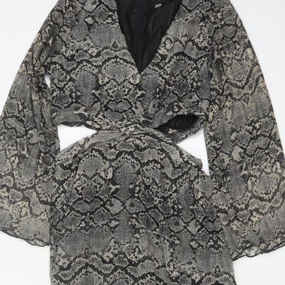 Zara Women Grey Snake Print Cut Out Maxi Dress XS Bell Sleeve