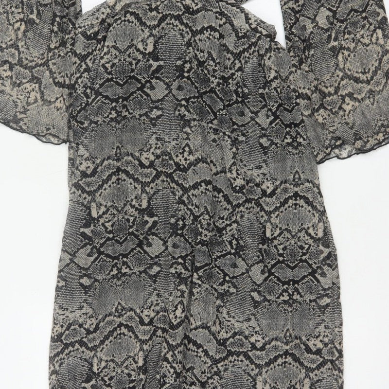 Zara Women Grey Snake Print Cut Out Maxi Dress XS Bell Sleeve