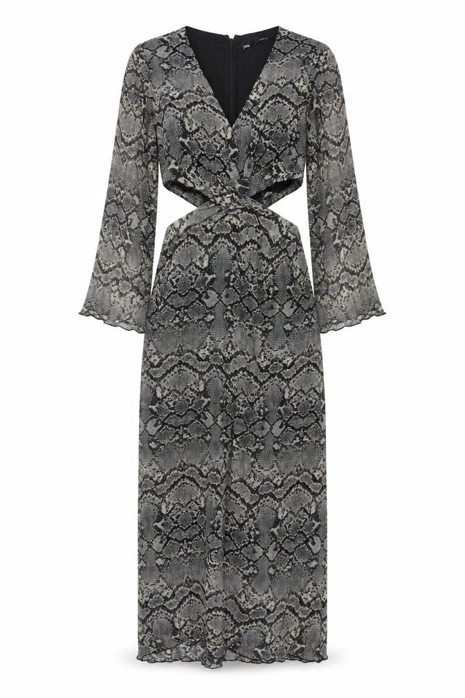 Zara Women Grey Snake Print Cut Out Maxi Dress XS Bell Sleeve