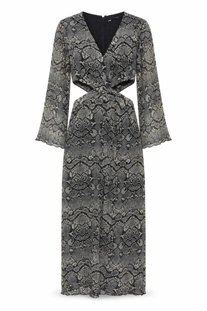 Zara Women Grey Snake Print Cut Out Maxi Dress XS Bell Sleeve