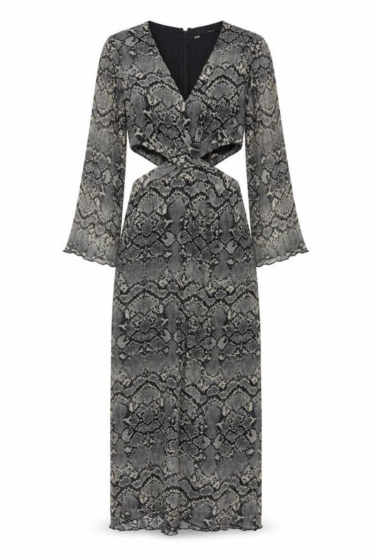 Zara Women Grey Snake Print Cut Out Maxi Dress XS Bell Sleeve