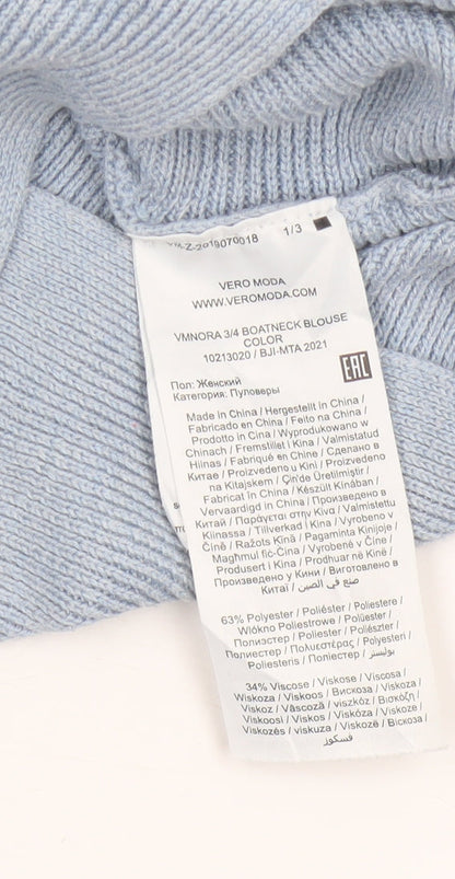 Vero Moda Women Blue S Boat Neck 3/4 Sleeve Fine Knit Pullover Jumper