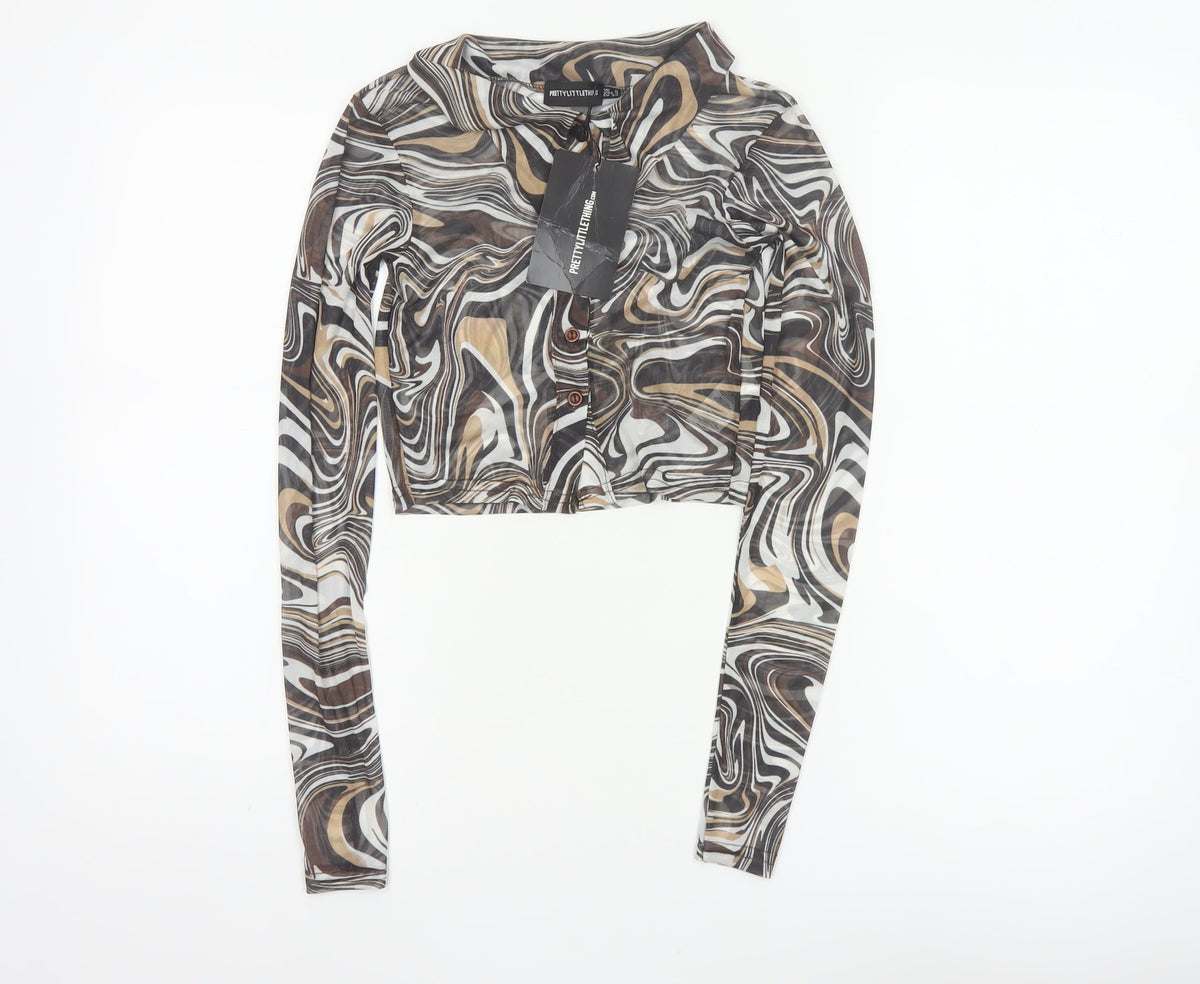 PRETTYLITTLETHING Women Multicoloured UK 6 Cropped Mesh Button-Up Top
