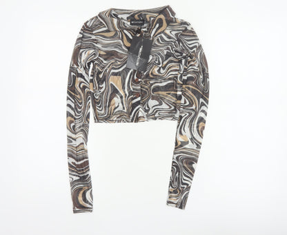 PRETTYLITTLETHING Women Multicoloured UK 6 Cropped Mesh Button-Up Top