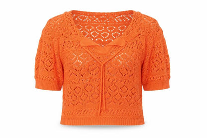 LUC-CE Women Orange S Crochet Knit Cowl Neck Bow Short Sleeve Blouse