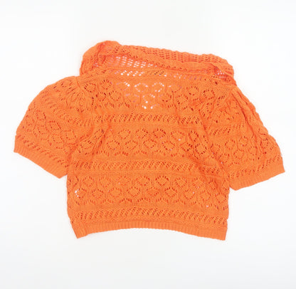 LUC-CE Women Orange S Crochet Knit Cowl Neck Bow Short Sleeve Blouse