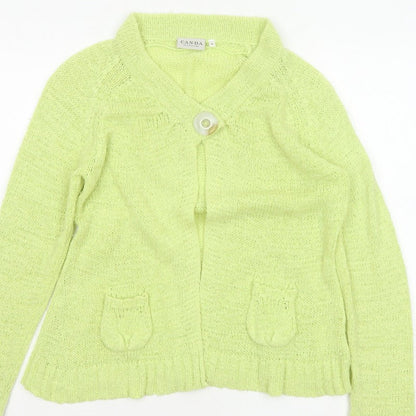 Canda Women Yellow Knit Button Cardigan Size S Collared Pockets