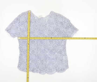 Pure by Together Women Blue UK 14 Cotton Crochet Short Sleeve Blouse