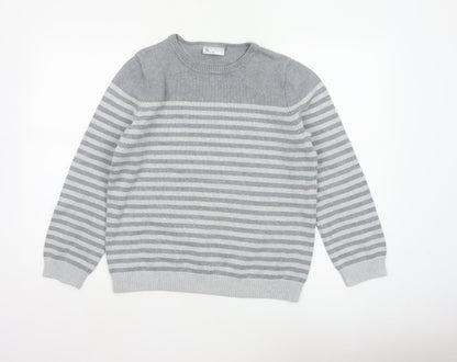 Bhs Women’s Grey White Striped Crew Neck Jumper UK 14 Cotton Knit